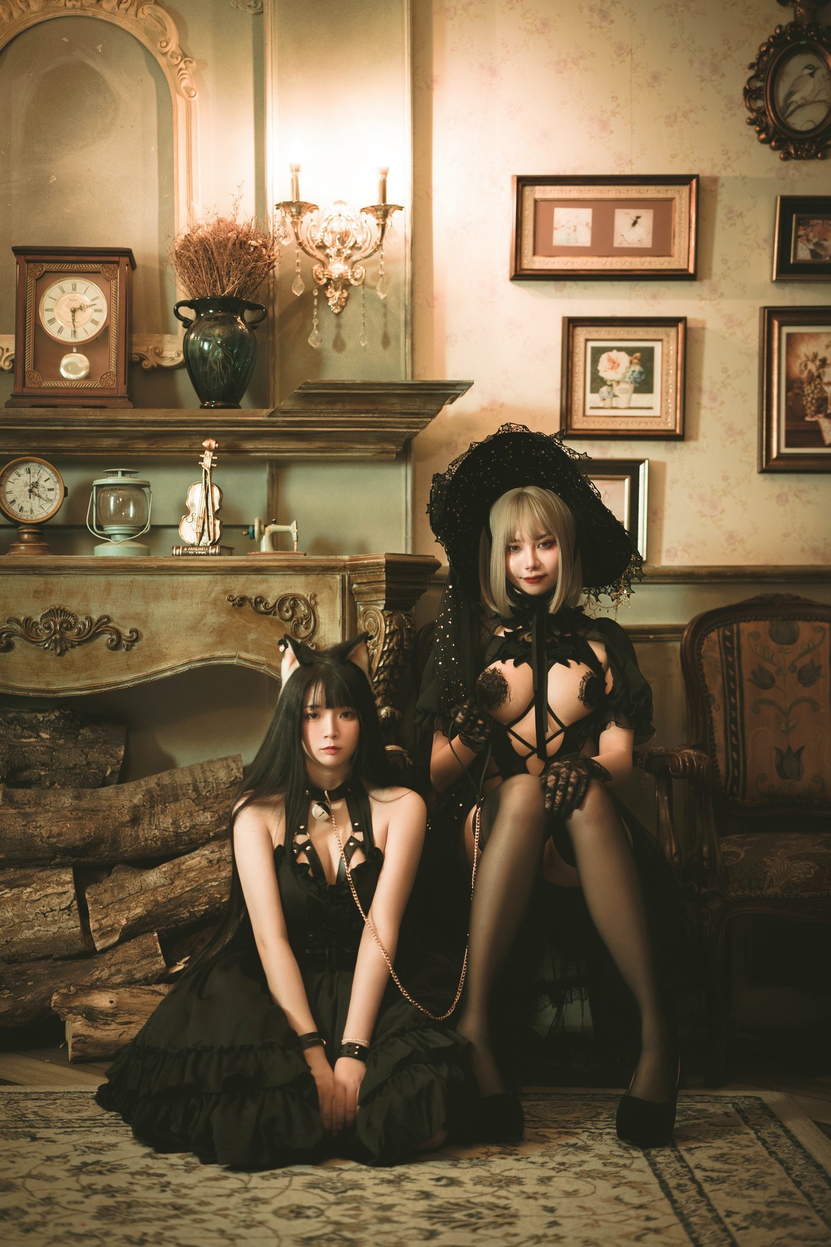 Cosplay香草喵露露杨枝甘露灰色花花蕾丝最新写真